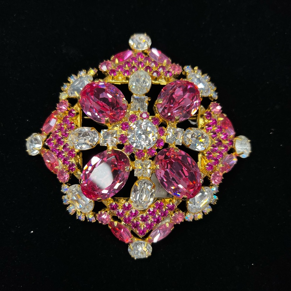 Vintage Lawrence VRBA Pink & Clear Crystal Statement Brooch –Collectible